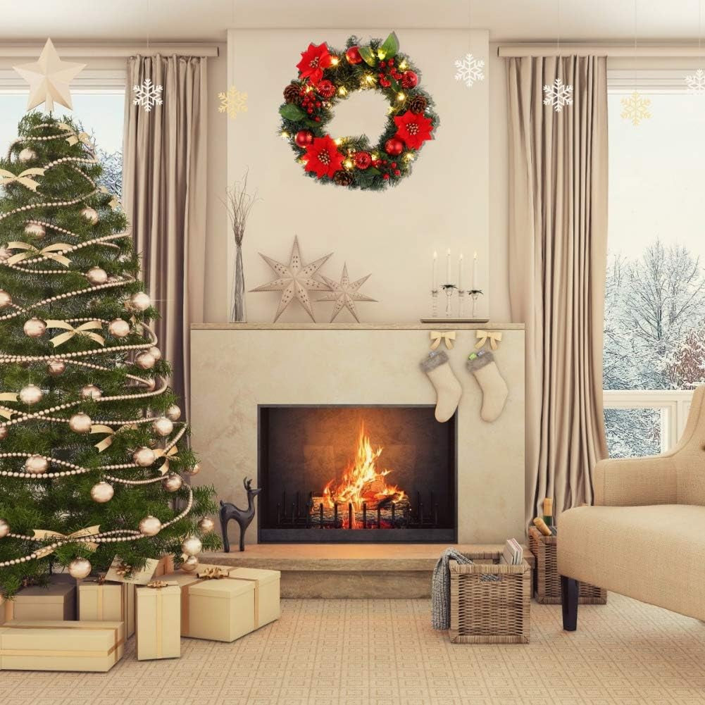 Pre-Lit Artificial Christmas Wreath Battery Operated Christmas Wreath Decorative Hanging Ornament Artificial Door Wreath LED Lights Christmas Decoration for Front Door, Wall, Fireplace, Etc