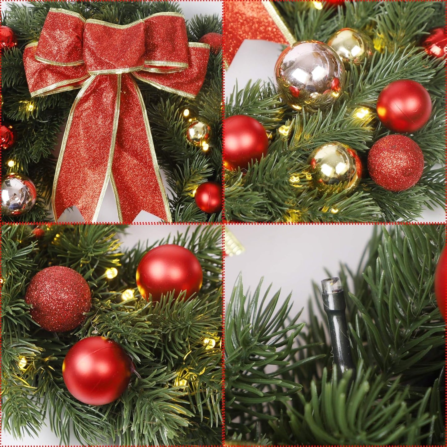 16 Inch Pre-Lit Christmas Wreath with Hook, Battery Operated Christmas Wreath Decorative Christmas Balls Hanging Ornament, Artificial Door Wreath 40 Clear LED Lights