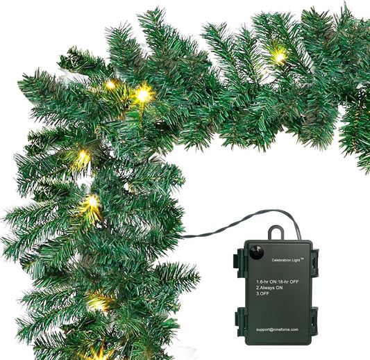 10Ft Pre-Lit Christmas Garland with 50 LED Lights- Battery Operated String Light with Timer-Waterproof Lighted Outdoor Christmas Garland for Stairs Railing Mantle Fireplace Front Porch Decor-10 Foot