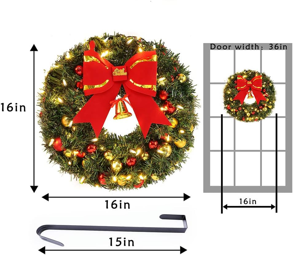 16Inch Outdoor Christmas Wreath with Lights 8 Modes 50 LED, Large Christmas Wreaths for Front Door Outside, Christmas Door Wreath with Hanger