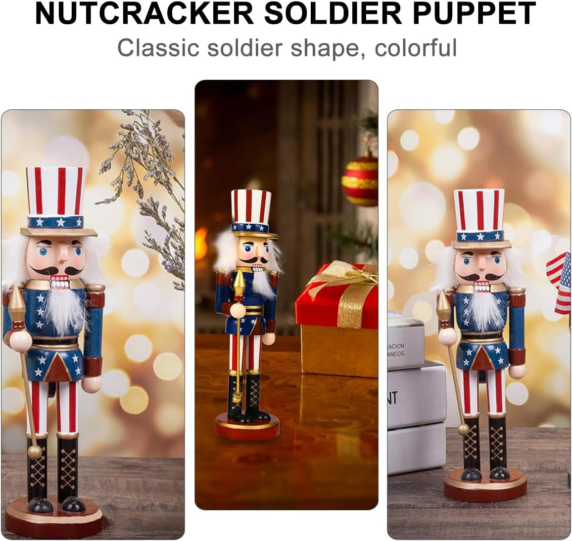 1Pc Christmas Wooden Nutcracker Soldier Wooden Hand Painted Soldier Statue Classic Traditional Xmas Decoration Ornament （ a Cane ）
