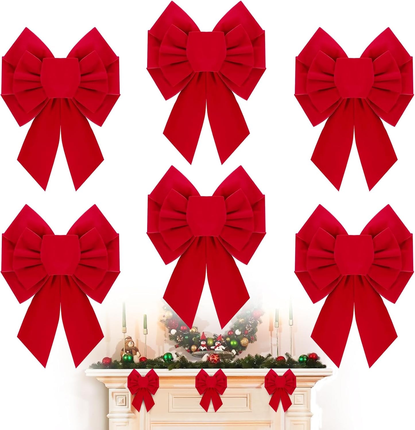6 Pcs Christmas Red Wreath Bows - 7.9×10.2 in Velvet Red Bows, Hand Tied Easy Hanging for Xmas Tree Ornaments Wreath Fireplace Decor Gifts Wrapping Indoor Party Supplies