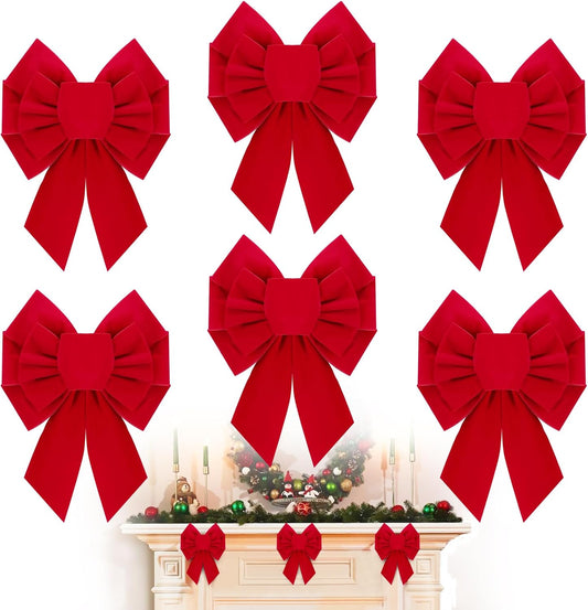 6 Pcs Christmas Red Wreath Bows - 7.9×10.2 in Velvet Red Bows, Hand Tied Easy Hanging for Xmas Tree Ornaments Wreath Fireplace Decor Gifts Wrapping Indoor Party Supplies