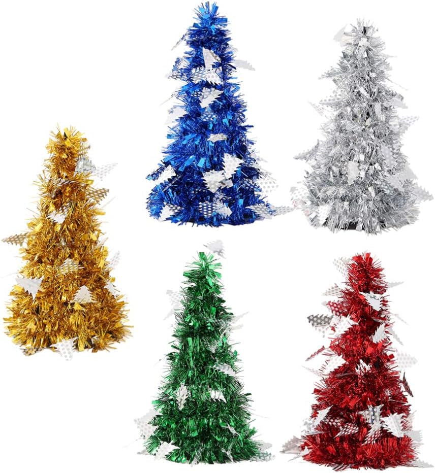 5Pcs Artificial Christmas Tree Small Christmas Trees Sequins Tinsel Christmas Ornaments Holiday Centerpieces Table Decorations Xmas Party Supplies Style 2