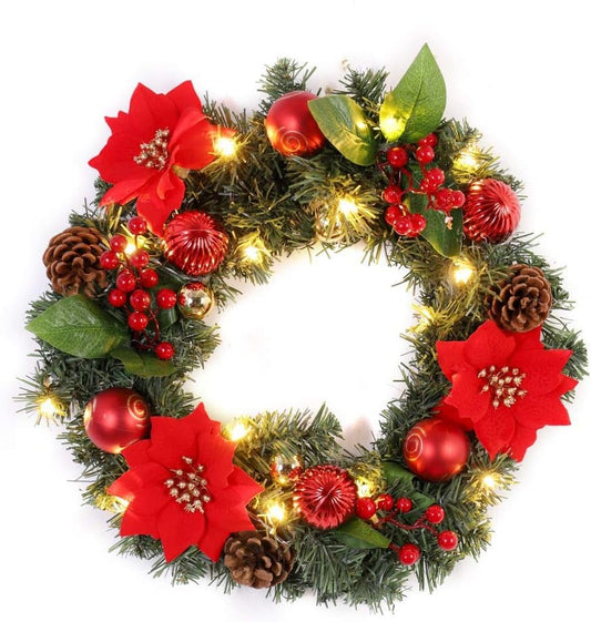 Pre-Lit Artificial Christmas Wreath Battery Operated Christmas Wreath Decorative Hanging Ornament Artificial Door Wreath LED Lights Christmas Decoration for Front Door, Wall, Fireplace, Etc
