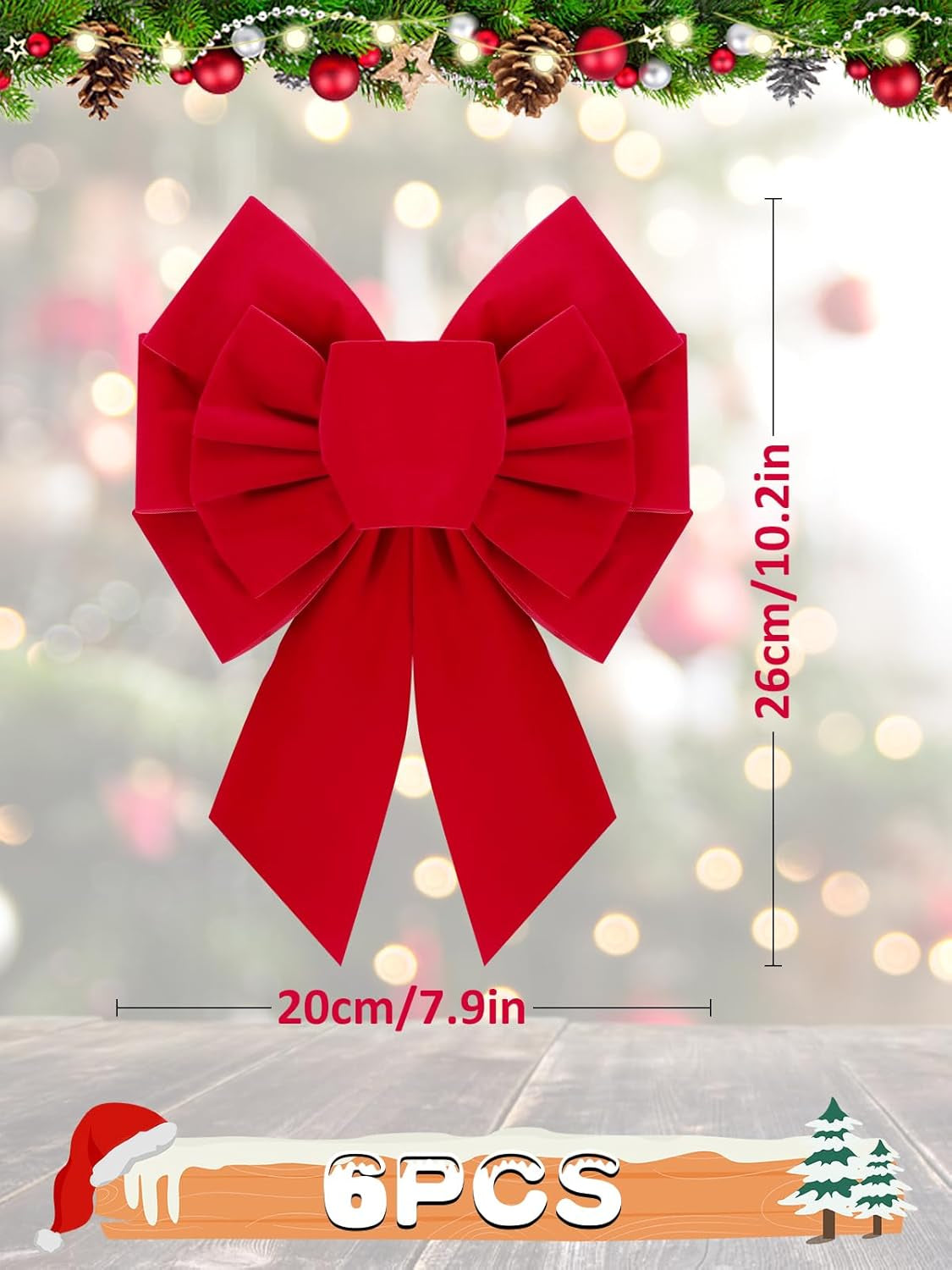 6 Pcs Christmas Red Wreath Bows - 7.9×10.2 in Velvet Red Bows, Hand Tied Easy Hanging for Xmas Tree Ornaments Wreath Fireplace Decor Gifts Wrapping Indoor Party Supplies