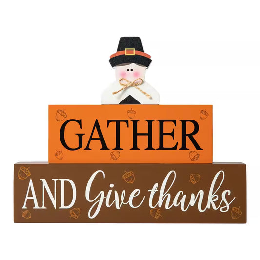 7.5 In. H Thanksgiving Wooden Pilgrim Table Block Sign