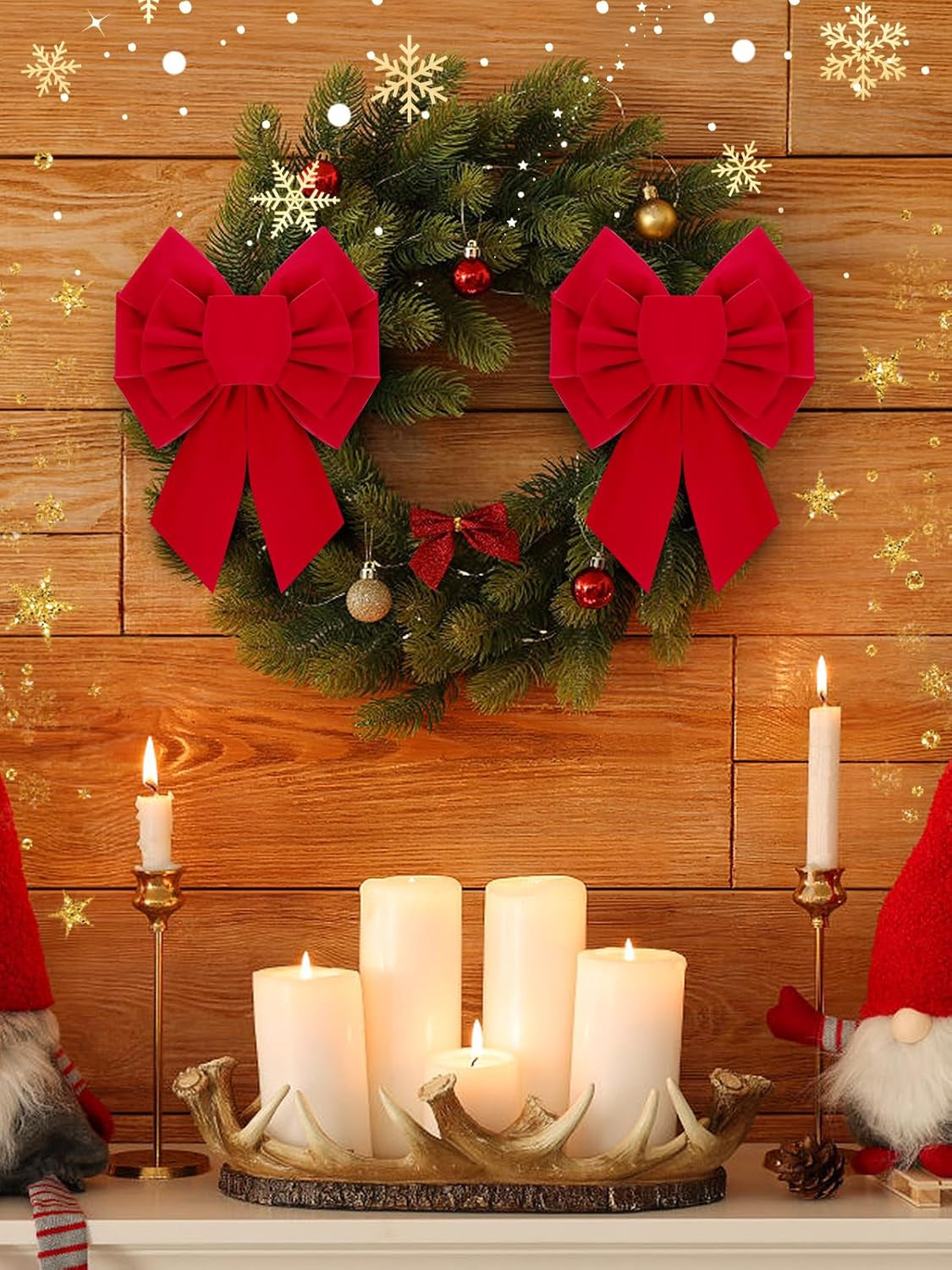 6 Pcs Christmas Red Wreath Bows - 7.9×10.2 in Velvet Red Bows, Hand Tied Easy Hanging for Xmas Tree Ornaments Wreath Fireplace Decor Gifts Wrapping Indoor Party Supplies