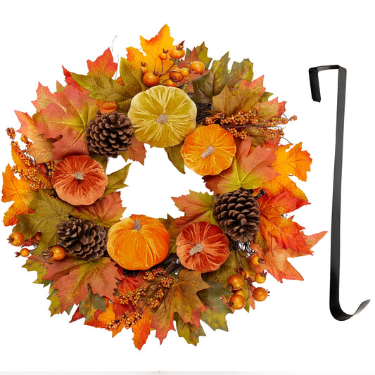 20'' Autumn Pumpkin Wreath Velvet Pumpkin Fall Maple Leaves Pinecones Wreaths for Front Door Home Decor with Metal Hook Large Harvest