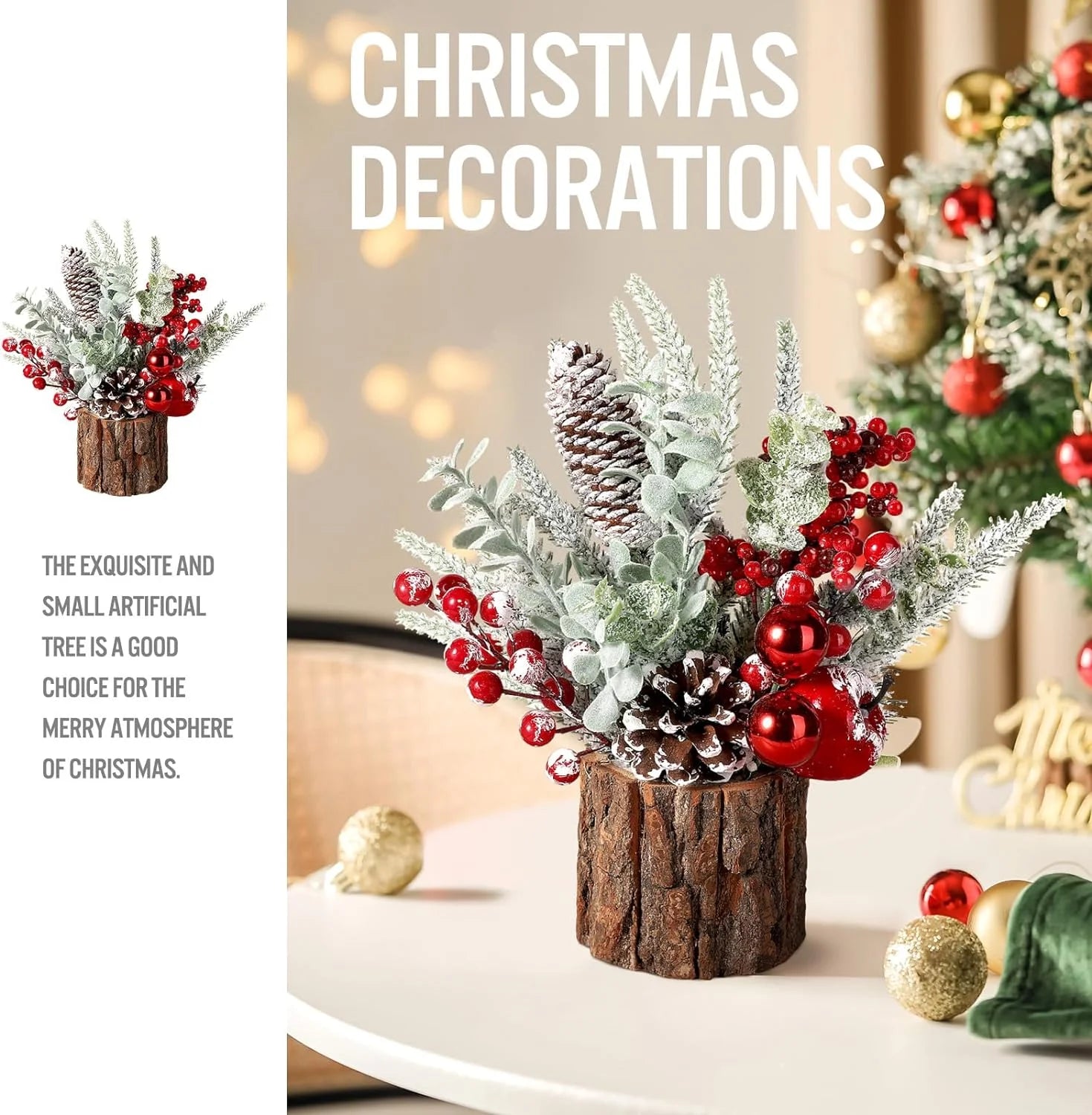 2Pack Small Christmas Tree with Christmas Ornaments Pine Cone Berry, Small Xmas Tree for Christmas Decorations Indoor Outdoor(Red-Round)