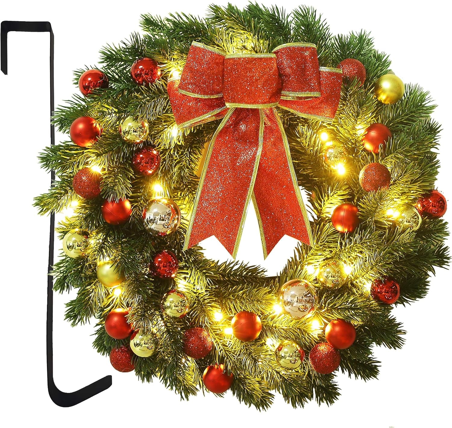 16 Inch Pre-Lit Christmas Wreath with Hook, Battery Operated Christmas Wreath Decorative Christmas Balls Hanging Ornament, Artificial Door Wreath 40 Clear LED Lights