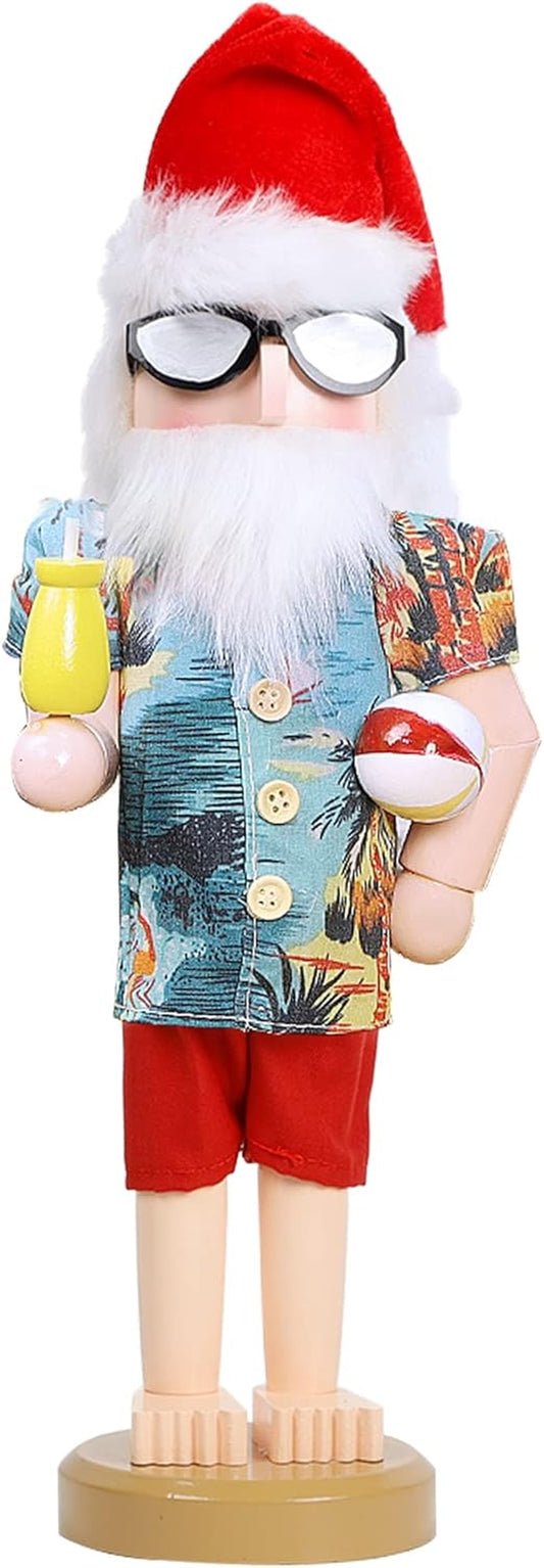 14 Inch Christmas Nutcracker Figures, Wooden Nutcracker Santa Hawaii Beach Summer Vacation, Large Xmas Nutcracker Tabletop Centerpieces Festival Shelves Decorations
