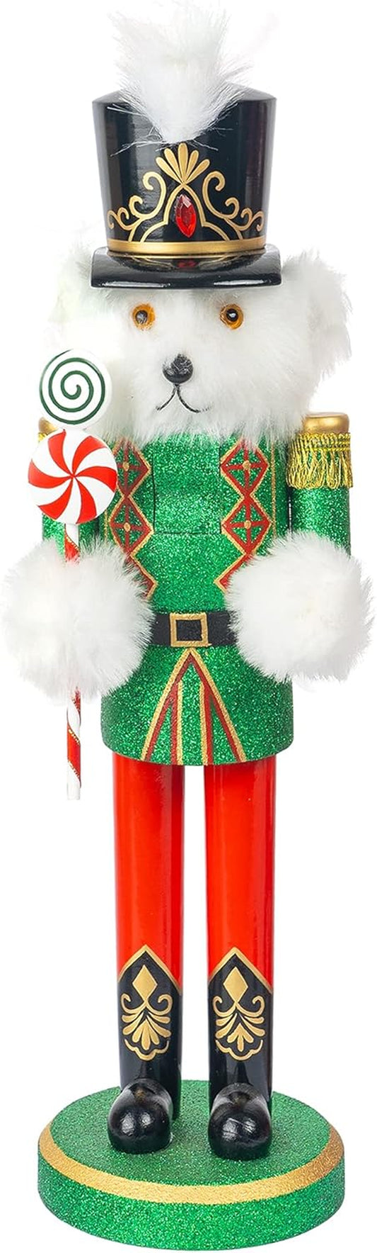 14" Christmas Decorative Nutcracker Figures, Wooden White Bear Wear Green Uniform Hold Candy, Festive Collectible Nutcracker Gift for Indoor Winter Table Desktop Fireplace Decorations
