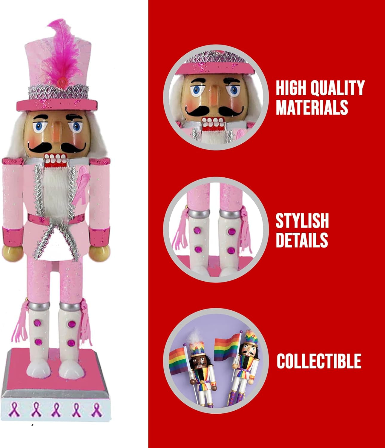 , Pink Nutcracker Christmas Ornaments, Wooden Figure Decoration with Soldier Uniform for Breast Awareness, Holiday Home Decor, Ideal Xmas Ornament, Large, 10 Inch