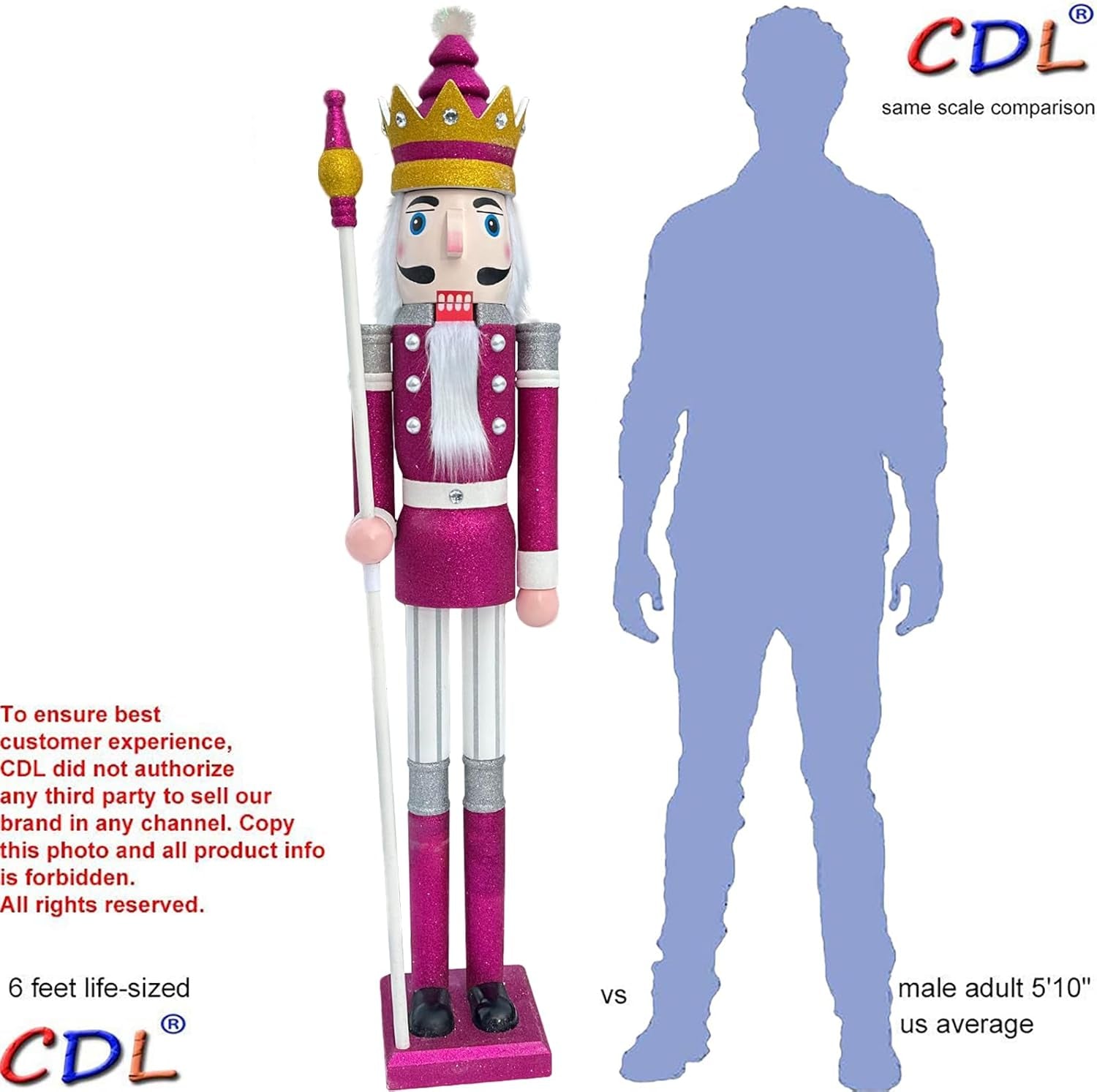 6Ft Tall Life-Size Purple Glitter Christmas Wooden Nutcracker King Ornament on Stand Holds Scepter for Xmas/Event/Wedding Decoration(6 Feet, King Purple K32)