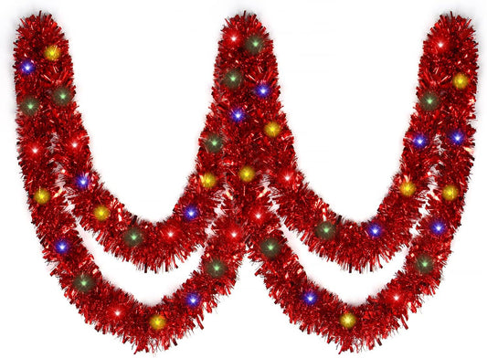 32.8 Ft Christmas Prelit Tinsel Garland, Red Metallic Garland with 100 LED Lights for Christmas Tree Decorations,Wedding Party Supplies