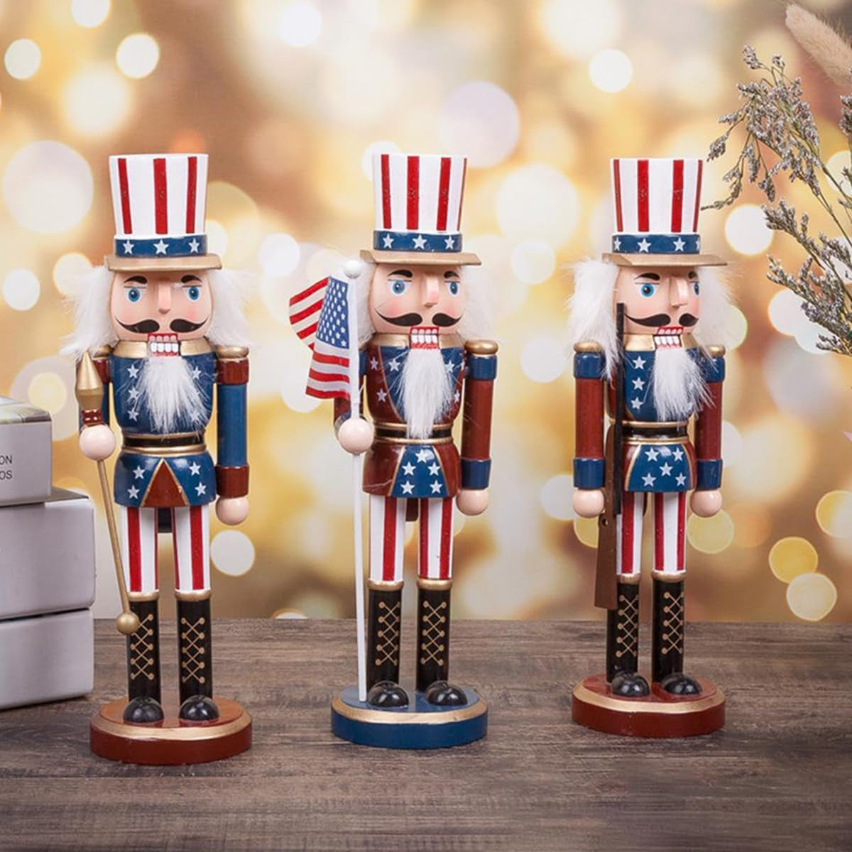 1Pc Christmas Wooden Nutcracker Soldier Wooden Hand Painted Soldier Statue Classic Traditional Xmas Decoration Ornament （ a Cane ）